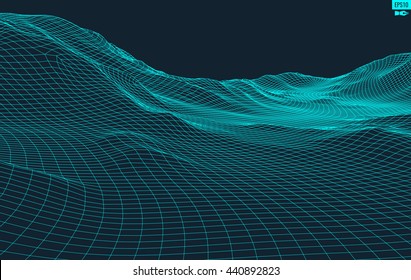 Abstract vector landscape background. Cyberspace landscape grid. 3d technology vector illustration.
