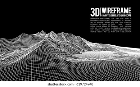 Abstract vector landscape background. Cyberspace landscape grid. 3d technology vector illustration.
