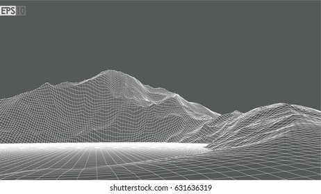 Abstract vector landscape background. Cyberspace landscape grid. 3d technology vector illustration.