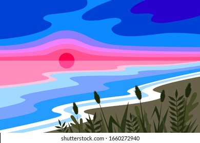 Abstract Vector Landscape with Beach. Bright Illustration with Shore, Water, Sun and Grass.