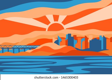 Abstract vector landscape. City by the water in a flat futuristic style with transport links. Train on the bridge between the slopes with gradient fill.