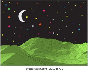 Abstract vector landscape with crescent and colorful stars
