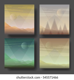 Abstract vector landscape graphics. Vector square templates with gradient landscapes. Emblem and concepts scenes of different locations and seasons.