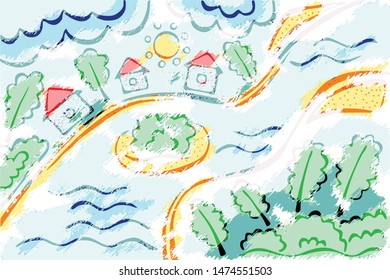 Abstract vector landscape. Handmade drawing: river, trees, village. 