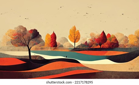 Abstract vector landscape with hills and trees in autumn