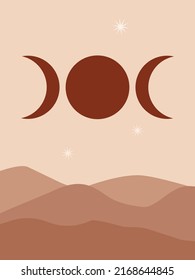 Abstract vector landscape illustration with mountains, moon phases and stars in neutral beige and brown colors. Futuristic space design perfect for print, card, poster 