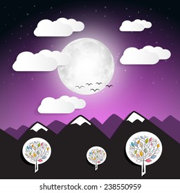 Abstract Vector Landscape Illustration with Mountains and Full Moon