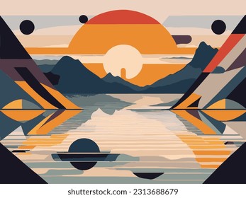 Un paisaje vectorial abstracto de un lago medio iluminado por el sol naciente.