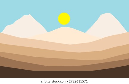 Paisagem vetorial abstrata com colinas em camadas, montanhas cobertas de neve e um sol amarelo contra um céu azul. Design moderno e minimalista. Representa visão, estratégia e um caminho claro para o sucesso. Adequado para tecnologia, corporativo ou apresentações que precisam de um visual profissional e inspirador com um senso de ambição e realização.