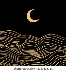 Resumen del paisaje vectorial con la luna y las montañas. Arte de líneas. Decoración casera. Ilustración contemporánea en colores pastel. Diseño abstracto plano.