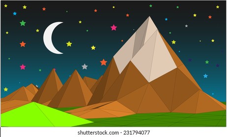 Abstract vector landscape with mountain and crescent against starry sky