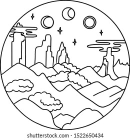 Abstract vector landscape with mountains about clouds in a circle. Color. Flat style. Modern Grunge