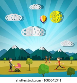 Abstract Vector Landscape with Paper Cut Clouds, Hot Air Balloon. City with Mountains on Background. People in Park.