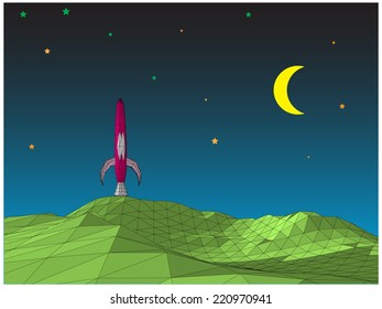 Abstract vector landscape with rocket against the backdrop of a starry sky