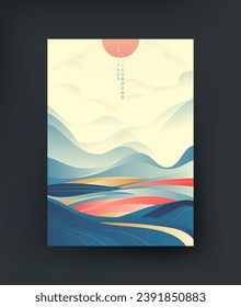 Paisaje vectorial abstracto con amanecer y montañas en colores de gradiente azul, rosa y rojo
