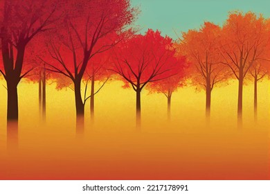 Abstract vector landscape with trees in autumn at sunset