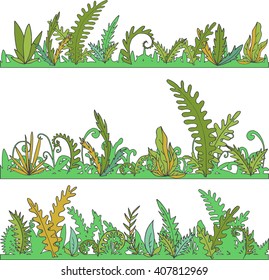 abstract vector landscapes with grass and plants, cartoon wild herbs, green jungle vegetation, hand drawn natural background