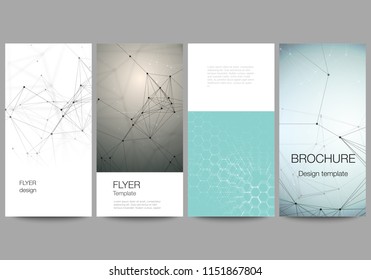 The abstract vector layout of four modern vertical banners, flyers design business templates. Technology, science, medical concept. Molecule structure, connecting lines and dots. Futuristic background