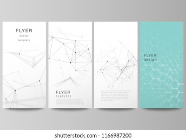 The abstract vector layout of four modern vertical banners, flyers design business templates. Technology, science, medical concept. Molecule structure, connecting lines and dots. Futuristic background