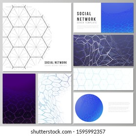 Abstract vector layouts of modern social network mockups in popular formats. Digital technology and big data concept with hexagons, connecting dots and lines, polygonal science medical background.