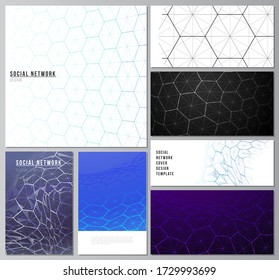 Abstract vector layouts of modern social network mockups in popular formats. Digital technology and big data concept with hexagons, connecting dots and lines, polygonal science medical background
