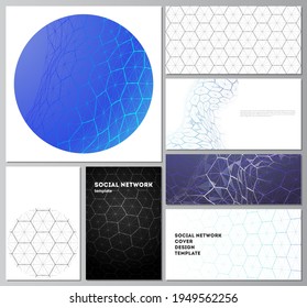 Abstrakte Vektorgrafiken moderner Social-Network-Mockups in beliebten Formaten. Digitale Technologie und Big-Data-Konzept mit Hexagonen, Verbindungspunkte und Linien, polygonaler wissenschaftlicher medizinischer Hintergrund.