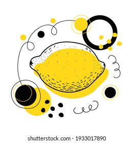 Abstract vector lemon. Lemon icon on a white background with abstract objects in yellow and black. Vector summer illustration in a flat style. For product design, logo, postcards, websites, and more.