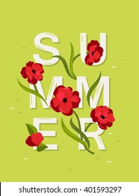Abstract vector lettering with word Summer and red flowers. 
