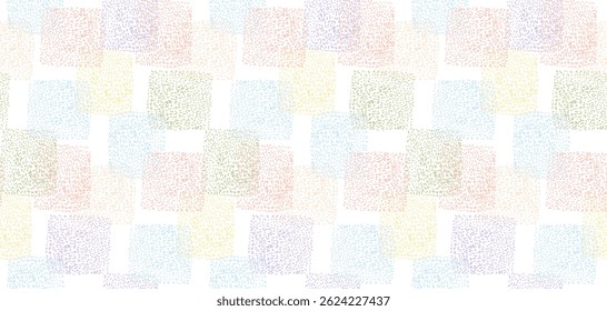 Abstrato vetor luz cores texturizado mão desenhada sobreposição pontilhada formas quadrado padrão sem costura. Textura divertida vermelha, amarela, verde, azul para crianças design têxtil, papel de embrulho, superfície, fundo