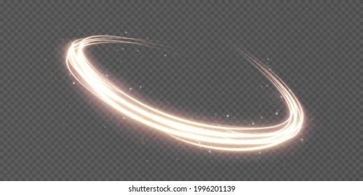 Abstract vector light effect of golden line of light. Movement light lines moving in a circle. Lighting equipment for advertising brochures, banners and materials.