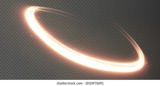 Abstract vector light effect of golden line of light. Movement light lines moving in a circle. Lighting equipment for advertising brochures, banners and materials.	