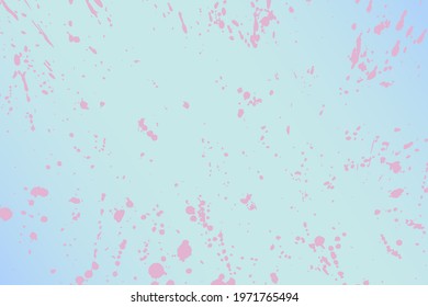 Abstract vector light pastel grunge illustration. Pink splashes of paint on blue background. Random stains, drops, spots, ink prints. Messy handcrafted texture banner. Chaotic brush stroke. Copy space