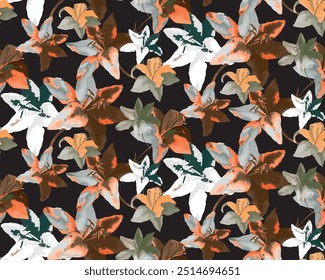 Abstract vector lilies seamless pattern. Drawn pattern in geometric form