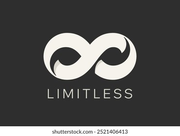 Abstract Vector Limitless Infinite Symbol Logo Template. Infinity Loop Minimalist Sign on a Dark Background. Endless Eight Shape Mobius Ribbon Emblem Concept Negative Space Illustration. Isolated