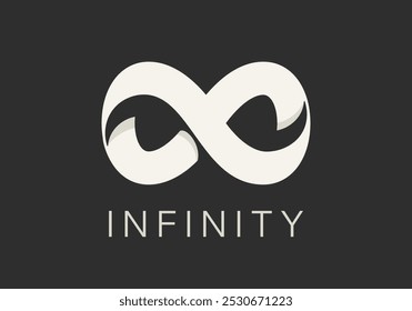 Abstract Vector Limitless Infinite Symbol Logo Template. Infinity Loop Minimalist Sign on a Dark Background. Endless Eight Shape Mobius Ribbon Emblem Concept Negative Space Illustration. Isolated