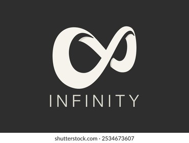 Abstract Vector Limitless Infinite Symbol Logo Template. Infinity Loop Minimalist Sign on a Dark Background. Endless Eight Shape Mobius Ribbon Emblem Concept Negative Space Illustration. Isolated