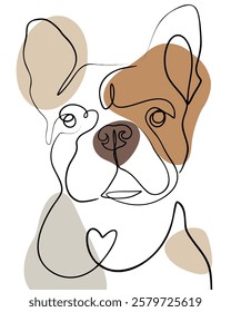 Abstract vector line art of a Bulldog face with black outlines and earthy color accents, creating a modern and minimalist design on a white background.