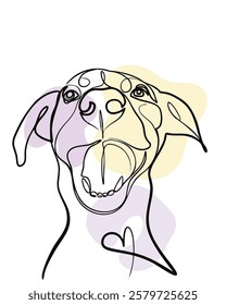 Abstract vector line art of a cheerful dog with mouth open, featuring black outlines and pastel color accents on a white background.