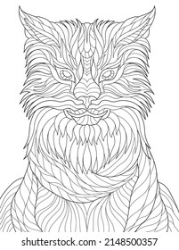 Abstract vector line drawing mythical dragon having scarf. Digital lineart image patterned unusual animal wearing shawl. Outline artwork design textured creature.