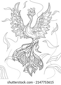 Abstract vector line drawing stylized elegant phoenix flowy feather background. Digital lineart image animal decorated flowers circular background texture.