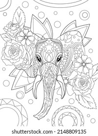 Abstract vector line drawing stylized elephant elaborate patterns floral decorations. Digital lineart image animal decorated flowers circular background texture.