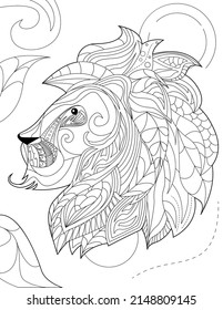 Abstract vector line drawing stylized lion foliage decorated pattern mane. Digital lineart image feline animal leaves decorations fur. Outline artwork wild cat design.