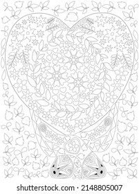 Abstract vector line drawing tattoo stylized hands holding heart decorated floral patterns. Digital lineart image simplified palms carrying love flowers growing inside.