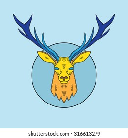 Abstract Vector Line Style Deer Face Illustration in the Circle. Bright Colors.