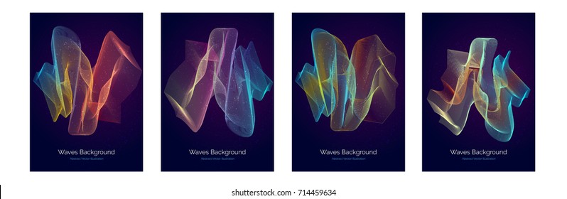 Abstract vector lines in motion. Vector waves poster illustration with bright color gradients. Colored shapes for music and dance covers. Night electronic bright lights cover.