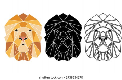 Abstract vector lion portrait in colour, black and outline variations. Totemic jungle animals