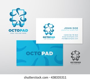 Abstract Vector Logo with Business Card Template or Mock-up. Octopus Tentacles Holding a Tablet with Touchscreen. Modern Typography and Realistic Soft Shadows. Isolated.