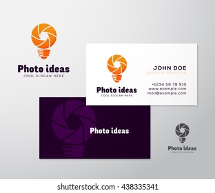 Abstract Vector Logo with Business Card Template or Mock-up. Shutter and Light Bulb Concept Symbol. Diaphragm Icon. Photography Sign. Modern Typography and Realistic Soft Shadows. Isolated.