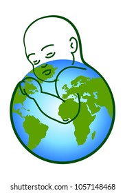 Abstract vector logo child with Earth. Stylized line icon.People logos.Card Happy Mothers Day. Save the Earth banner,icon,symbol. Protect nature vector