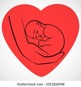 Abstract vector logo child in a hand with red loving heart. Stylized line icon.People logos.Card Happy Mothers Day.